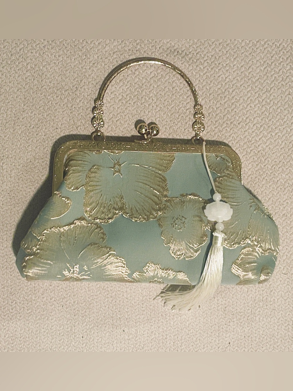 Light Blue and Gold Japanese Flower Clutch (New)